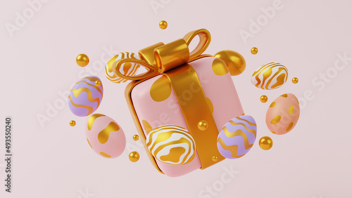 Happy Easter Holiday background. Festive design with realistic decoration elements 3d gift box and eggs. Banner, web poster, flyer cover, stylish brochure, greeting card.
