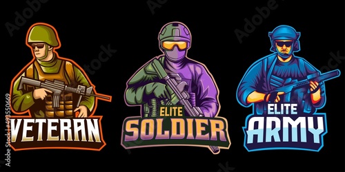 Collection of emblems of Soldier Carrying Assault Riffle. vector illustration