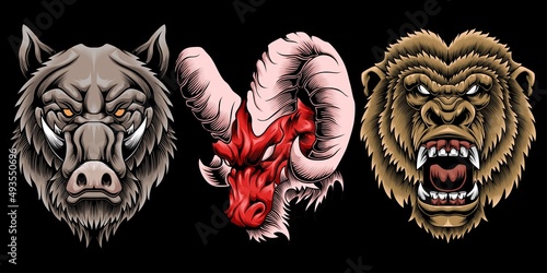 Set of boar, goat, and gorilla illustration isolated on dark background