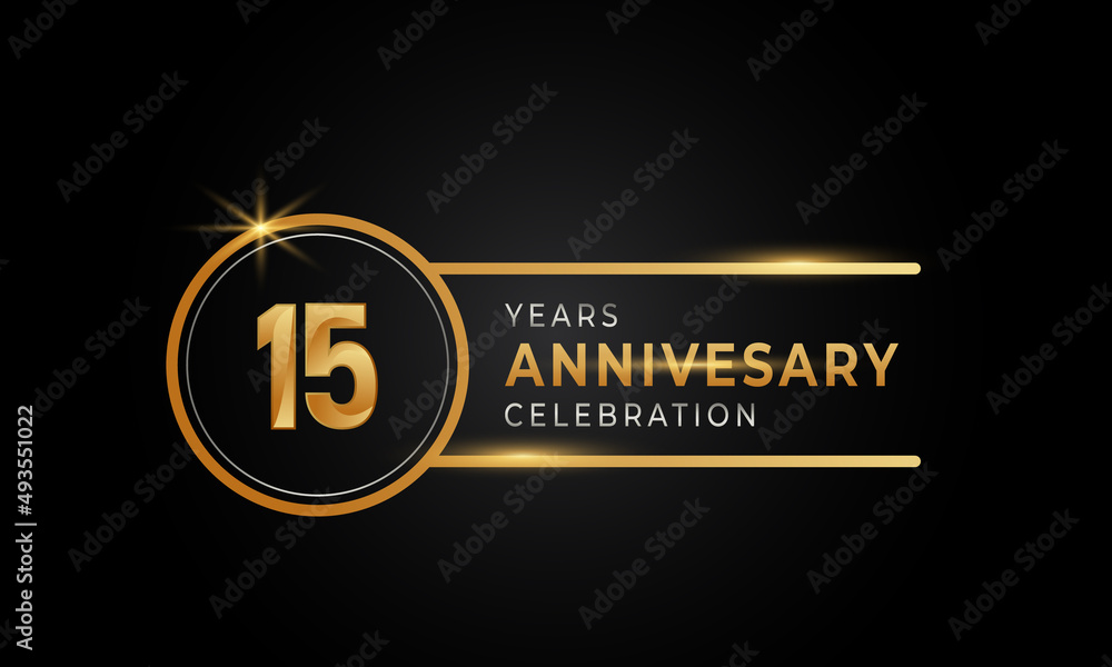 15 Year Anniversary Celebration Golden and Silver Color with Circle Ring for Celebration Event, Wedding, Greeting card, and Invitation Isolated on Black Background