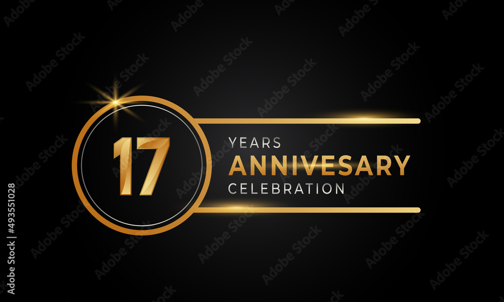 17 Year Anniversary Celebration Golden and Silver Color with Circle Ring for Celebration Event, Wedding, Greeting card, and Invitation Isolated on Black Background