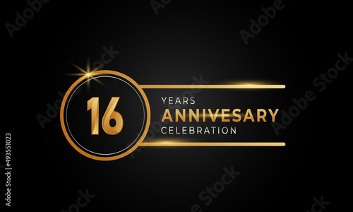 16 Year Anniversary Celebration Golden and Silver Color with Circle Ring for Celebration Event, Wedding, Greeting card, and Invitation Isolated on Black Background