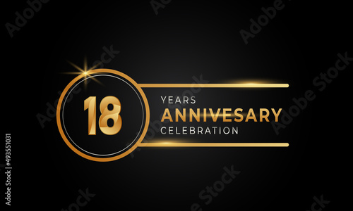 18 Year Anniversary Celebration Golden and Silver Color with Circle Ring for Celebration Event  Wedding  Greeting card  and Invitation Isolated on Black Background