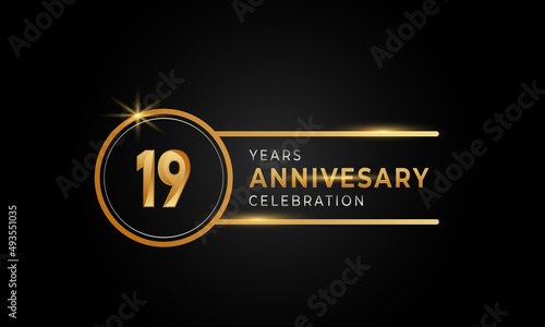 19 Year Anniversary Celebration Golden and Silver Color with Circle Ring for Celebration Event, Wedding, Greeting card, and Invitation Isolated on Black Background