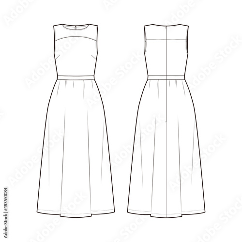 Women's Midi-Dress fashion vector sketch, Apparel template