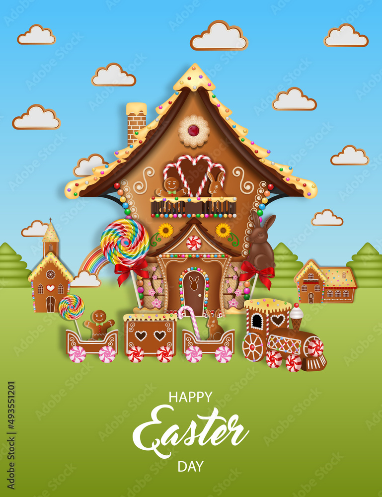 Easter background with gingerbread landscape. easter poster with gingerbread houses and train