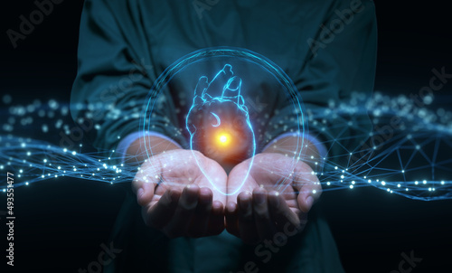 Human heart hologram user interface screen infographic, Artificial intelligence AI assistance with, Medical healthcare technology concept of doctor surgeon holding human heart, futuristic 3d rendering photo