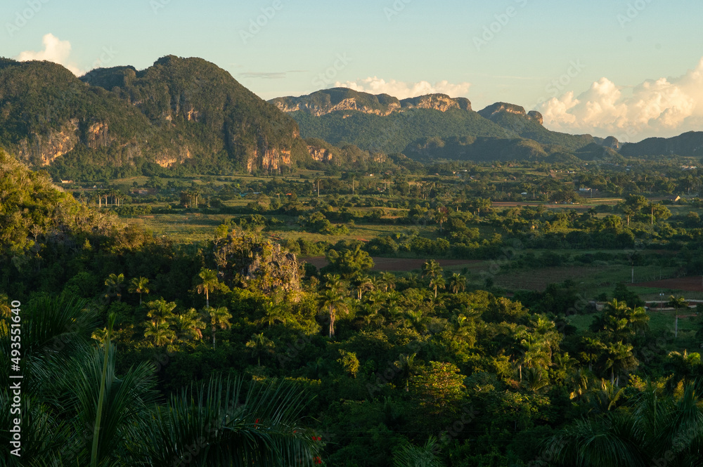 landscape scenic of  valle vinalles in pinar del rio province of Cuba in early morning sunrise hills of karst topography with lush green tobacco fields and tourist destination location for Cuba 