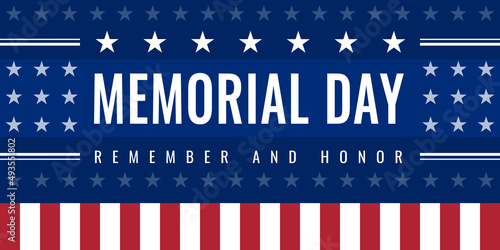 Memorial Day - Remember and Honor Poster. USA Memorial Day Celebration. American holiday. Invitation template with text on blue background with stars and stripes in the style of the US flag.