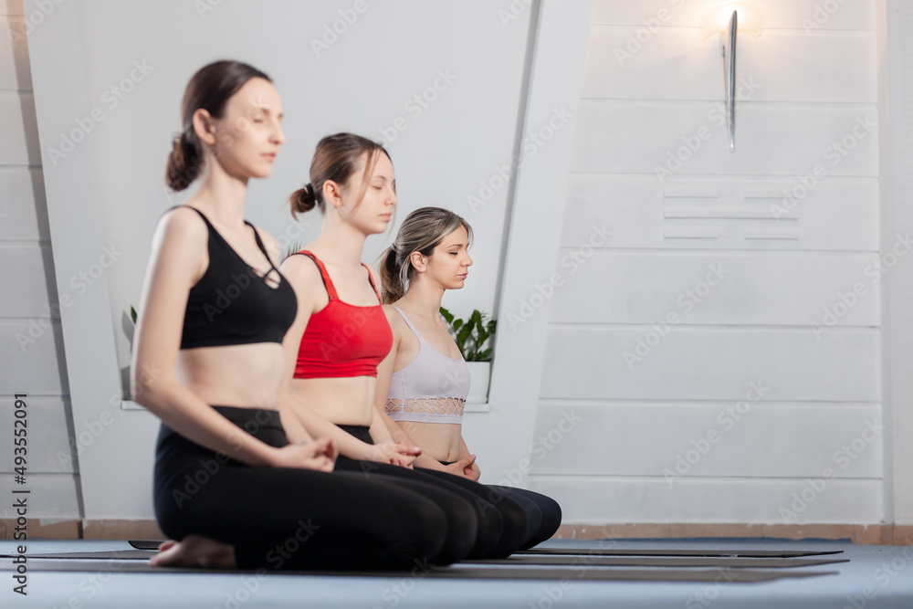 Fototapeta premium Three girls practicing yoga. Yoga instructor with her students meditating in a studio.