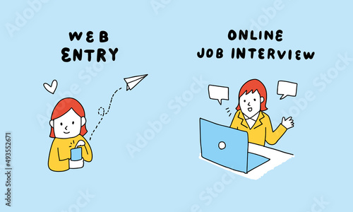 オンライン就活をする女性のイラスト　WebエントリーとWeb面接