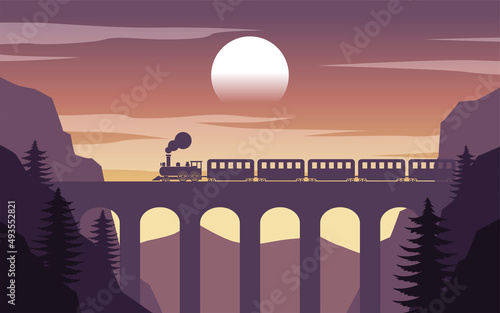 silhouette design of train passing cliff by the bridge,vector illustration