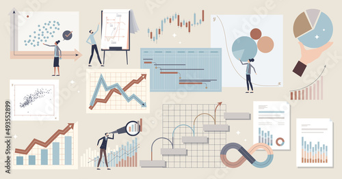 Graphs and financial analysis bars with pie charts tiny person collection. Economical forecasting elements with infocharts and data visualization items vector illustration. Business report graphics.