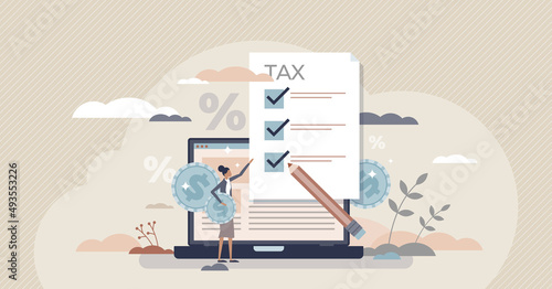 Tax refund and annual VAT declaration with money payback tiny person concept. Government taxation document form fill up to get financial payment from budget vector illustration. Percentage calculation photo