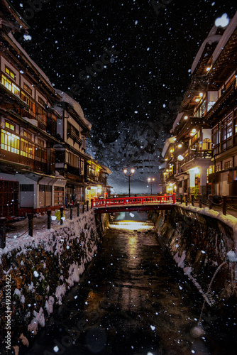 Ginzan Onsen in Winter Snow Fall, Yamagata, Japan 