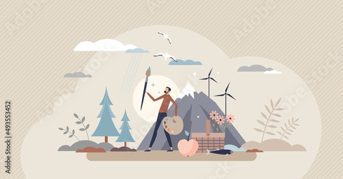 Ecosystem services relaxation and outdoor activities in green nature tiny person concept. Environmental ecological hobby in fresh air with sustainable surrounding environment vector illustration.
