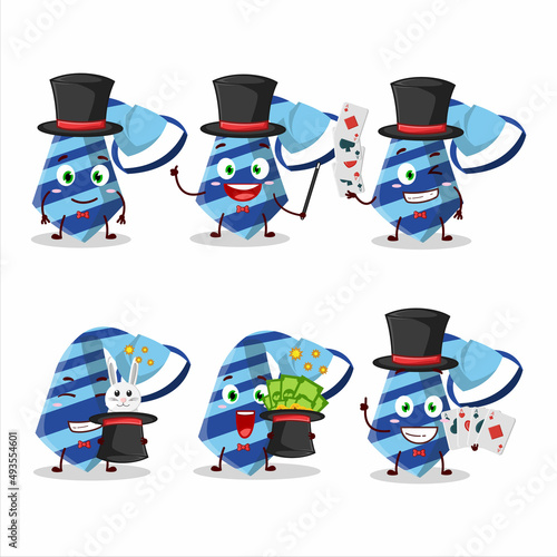 A blue tie Magician cartoon character perform on a stage