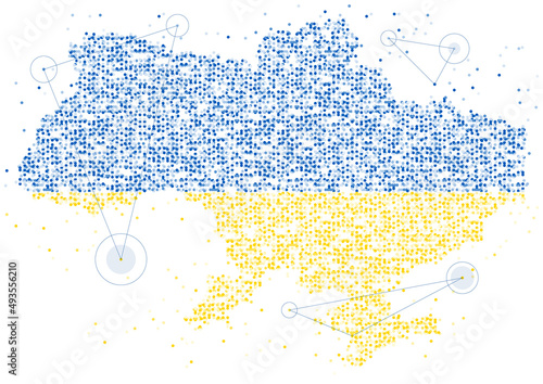 Abstract Geometric Circle dot pattern particle Ukraine map with national flag color, VR technology Peace Pray and Stop war concept design illustration on white background with copy space