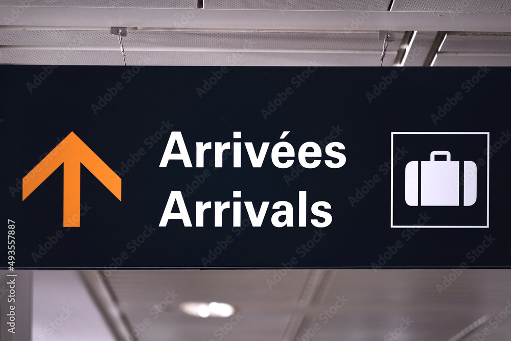 Canadian airport arrivals sign in bilingual English and French at ...