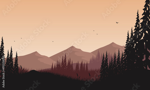 Realistic mountain view from out of the city with tree branches silhouette © City
