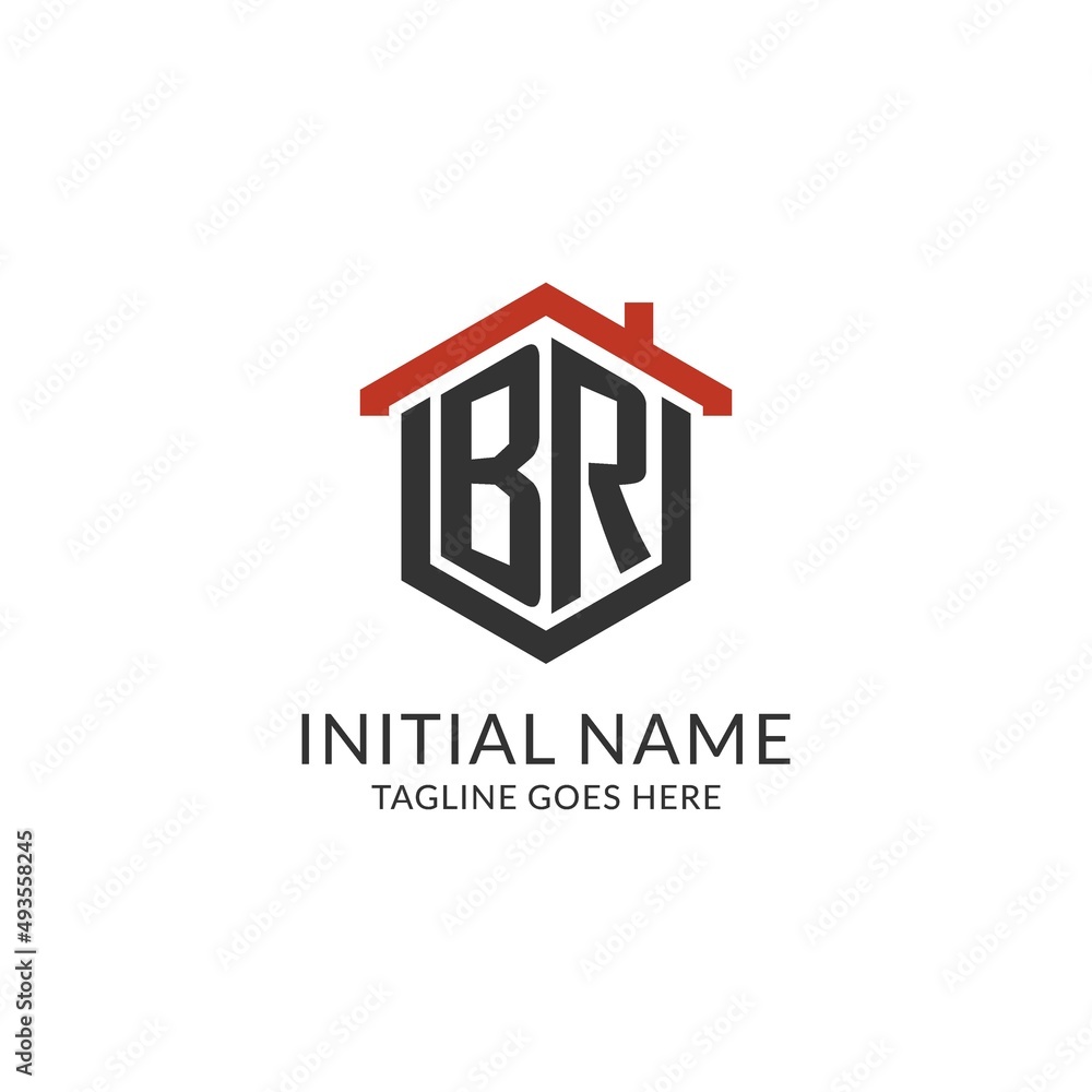 Initial logo BR monogram with home roof hexagon shape design, simple and minimal real estate logo design - obrazy, fototapety, plakaty 