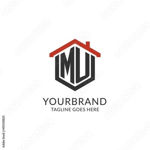 Initial logo MU monogram with home roof hexagon shape design, simple and minimal real estate logo design
