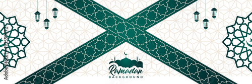 Islamic background, Gift box, lantern, green crescent moon on white. Design concept of ramadan kareem, mawlid, iftar,isra and miraj or eid al fitr adha, copy space text area. Vector illustration