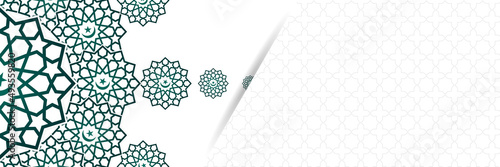 Islamic background, Gift box, lantern, green crescent moon on white. Design concept of ramadan kareem, mawlid, iftar,isra and miraj or eid al fitr adha, copy space text area. Vector illustration