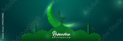Islamic background, Gift box, lantern, green crescent moon on white. Design concept of ramadan kareem, mawlid, iftar,isra and miraj or eid al fitr adha, copy space text area. Vector illustration