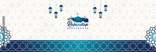 Islamic background, Gift box, lantern, blue crescent moon on white. Design concept of ramadan kareem, mawlid, iftar,isra and miraj or eid al fitr adha, copy space text area. Vector illustration