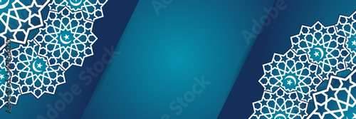 Islamic background, Gift box, lantern, blue crescent moon on white. Design concept of ramadan kareem, mawlid, iftar,isra and miraj or eid al fitr adha, copy space text area. Vector illustration