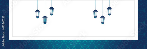 Islamic background, Gift box, lantern, blue crescent moon on white. Design concept of ramadan kareem, mawlid, iftar,isra and miraj or eid al fitr adha, copy space text area. Vector illustration