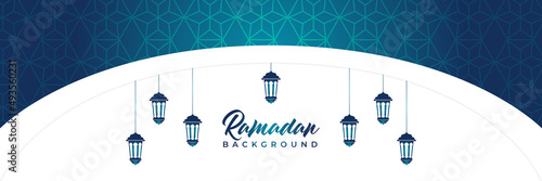 Islamic background, Gift box, lantern, blue crescent moon on white. Design concept of ramadan kareem, mawlid, iftar,isra and miraj or eid al fitr adha, copy space text area. Vector illustration