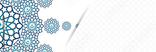 Islamic background, Gift box, lantern, blue crescent moon on white. Design concept of ramadan kareem, mawlid, iftar,isra and miraj or eid al fitr adha, copy space text area. Vector illustration