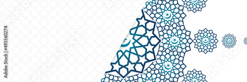 Islamic background, Gift box, lantern, blue crescent moon on white. Design concept of ramadan kareem, mawlid, iftar,isra and miraj or eid al fitr adha, copy space text area. Vector illustration