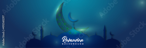 Islamic background, Gift box, lantern, blue crescent moon on white. Design concept of ramadan kareem, mawlid, iftar,isra and miraj or eid al fitr adha, copy space text area. Vector illustration