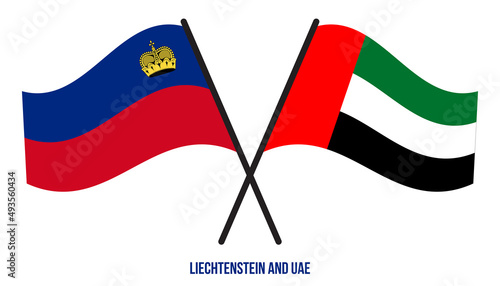 Liechtenstein and UAE Flags Crossed And Waving Flat Style. Official Proportion. Correct Colors.