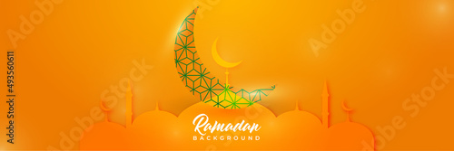 Islamic background, Gift box, lantern, fresh crescent moon on white. Design concept of ramadan kareem, mawlid, iftar,isra and miraj or eid al fitr adha, copy space text area. Vector illustration