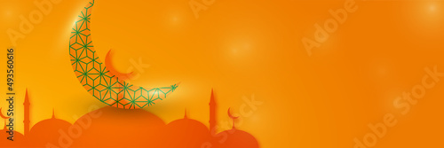 Islamic background, Gift box, lantern, fresh crescent moon on white. Design concept of ramadan kareem, mawlid, iftar,isra and miraj or eid al fitr adha, copy space text area. Vector illustration
