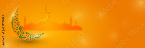 Islamic background, Gift box, lantern, fresh crescent moon on white. Design concept of ramadan kareem, mawlid, iftar,isra and miraj or eid al fitr adha, copy space text area. Vector illustration