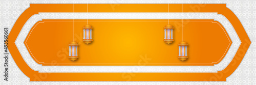 Islamic background, Gift box, lantern, fresh crescent moon on white. Design concept of ramadan kareem, mawlid, iftar,isra and miraj or eid al fitr adha, copy space text area. Vector illustration