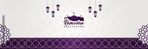 Islamic background, Gift box, lantern, purple crescent moon on white. Design concept of ramadan kareem, mawlid, iftar,isra and miraj or eid al fitr adha, copy space text area. Vector illustration