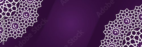 Islamic background, Gift box, lantern, purple crescent moon on white. Design concept of ramadan kareem, mawlid, iftar,isra and miraj or eid al fitr adha, copy space text area. Vector illustration