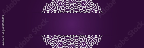 Islamic background, Gift box, lantern, purple crescent moon on white. Design concept of ramadan kareem, mawlid, iftar,isra and miraj or eid al fitr adha, copy space text area. Vector illustration