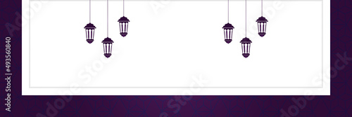 Islamic background, Gift box, lantern, purple crescent moon on white. Design concept of ramadan kareem, mawlid, iftar,isra and miraj or eid al fitr adha, copy space text area. Vector illustration