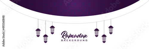 Islamic background, Gift box, lantern, purple crescent moon on white. Design concept of ramadan kareem, mawlid, iftar,isra and miraj or eid al fitr adha, copy space text area. Vector illustration