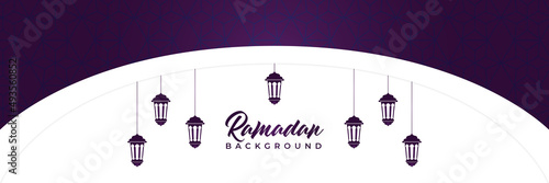 Islamic background, Gift box, lantern, purple crescent moon on white. Design concept of ramadan kareem, mawlid, iftar,isra and miraj or eid al fitr adha, copy space text area. Vector illustration