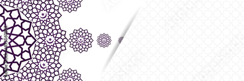Islamic background, Gift box, lantern, purple crescent moon on white. Design concept of ramadan kareem, mawlid, iftar,isra and miraj or eid al fitr adha, copy space text area. Vector illustration