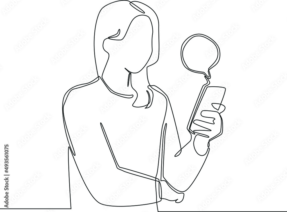 Simple continuous line drawing a young girl holding and typing message in a smartphone. Vector illustration. Simple continuous line drawing a young girl holding and typing message in a smartphone. Vector illustration.
