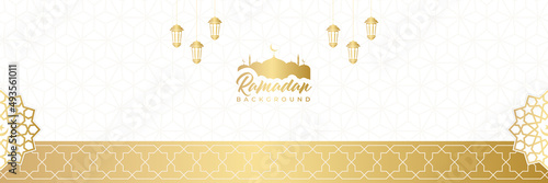 Islamic background, Gift box, lantern, white gold crescent moon on white. Design concept of ramadan kareem, mawlid, iftar,isra and miraj or eid al fitr adha, copy space text area. Vector illustration